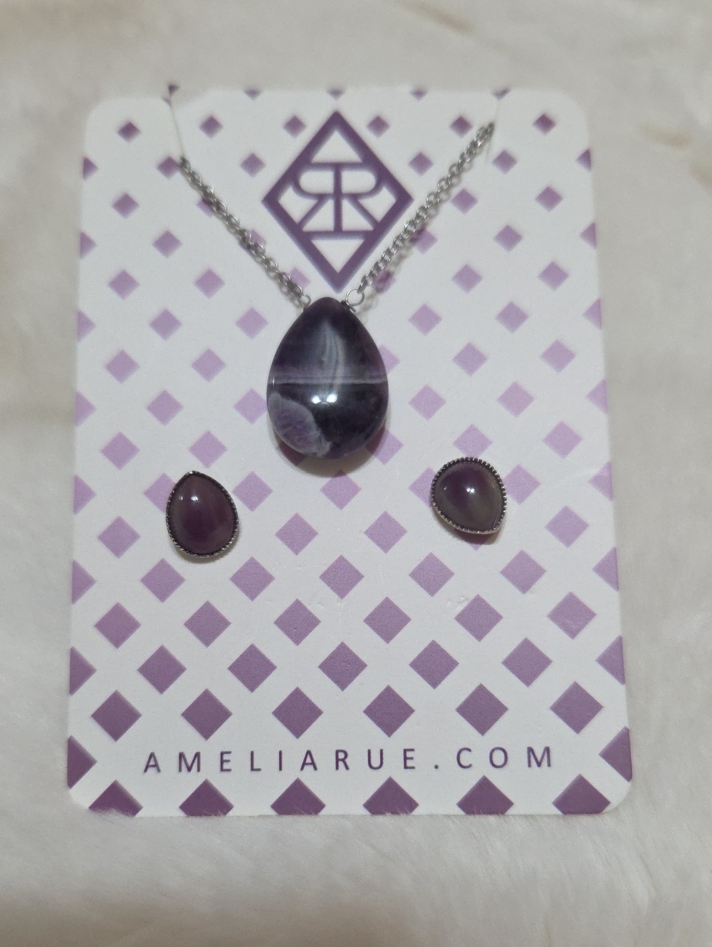 Purple Teardrop Stone Necklace & Earring Set in Gift Box
